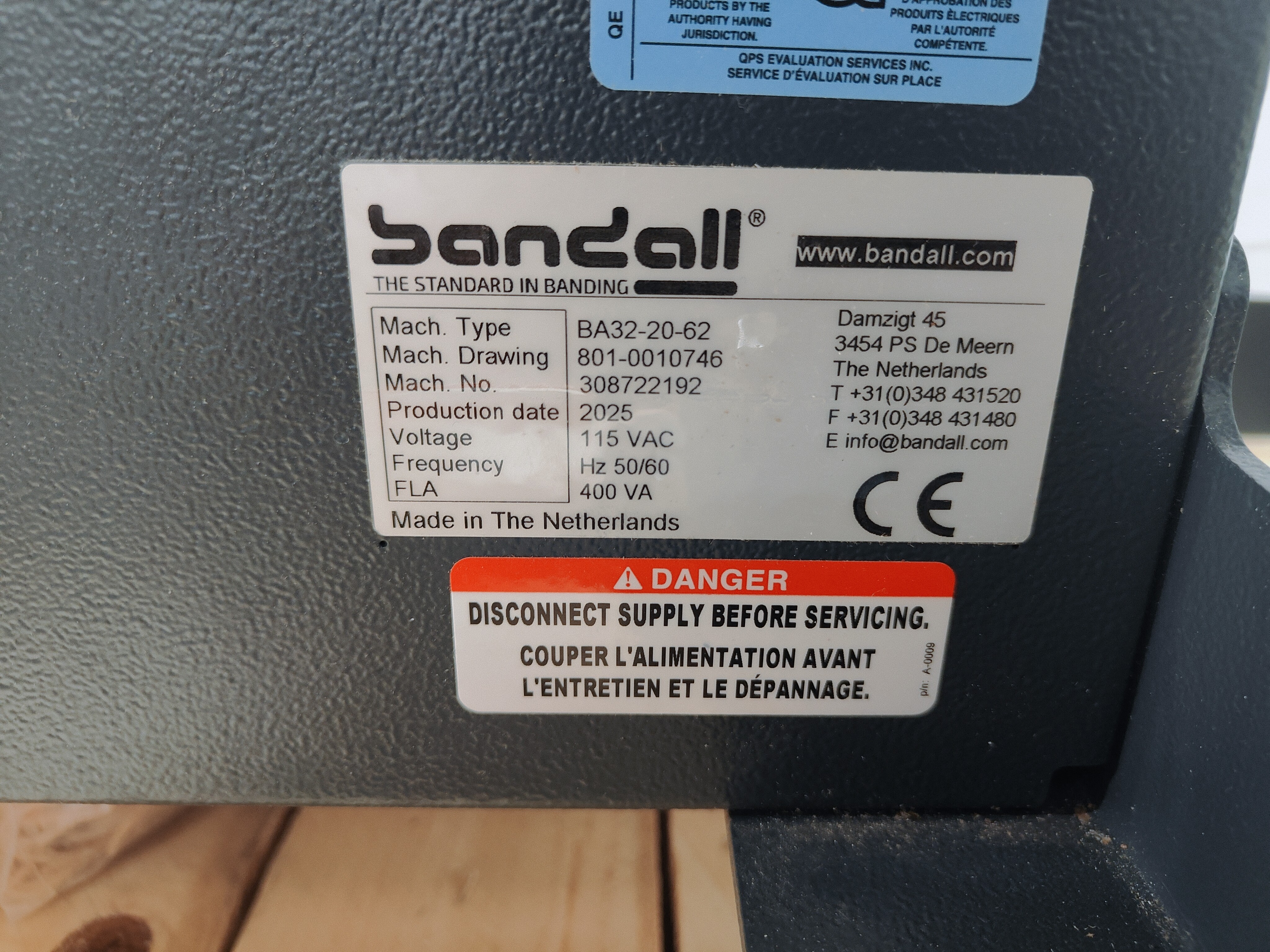 BANDALL machine identification plate