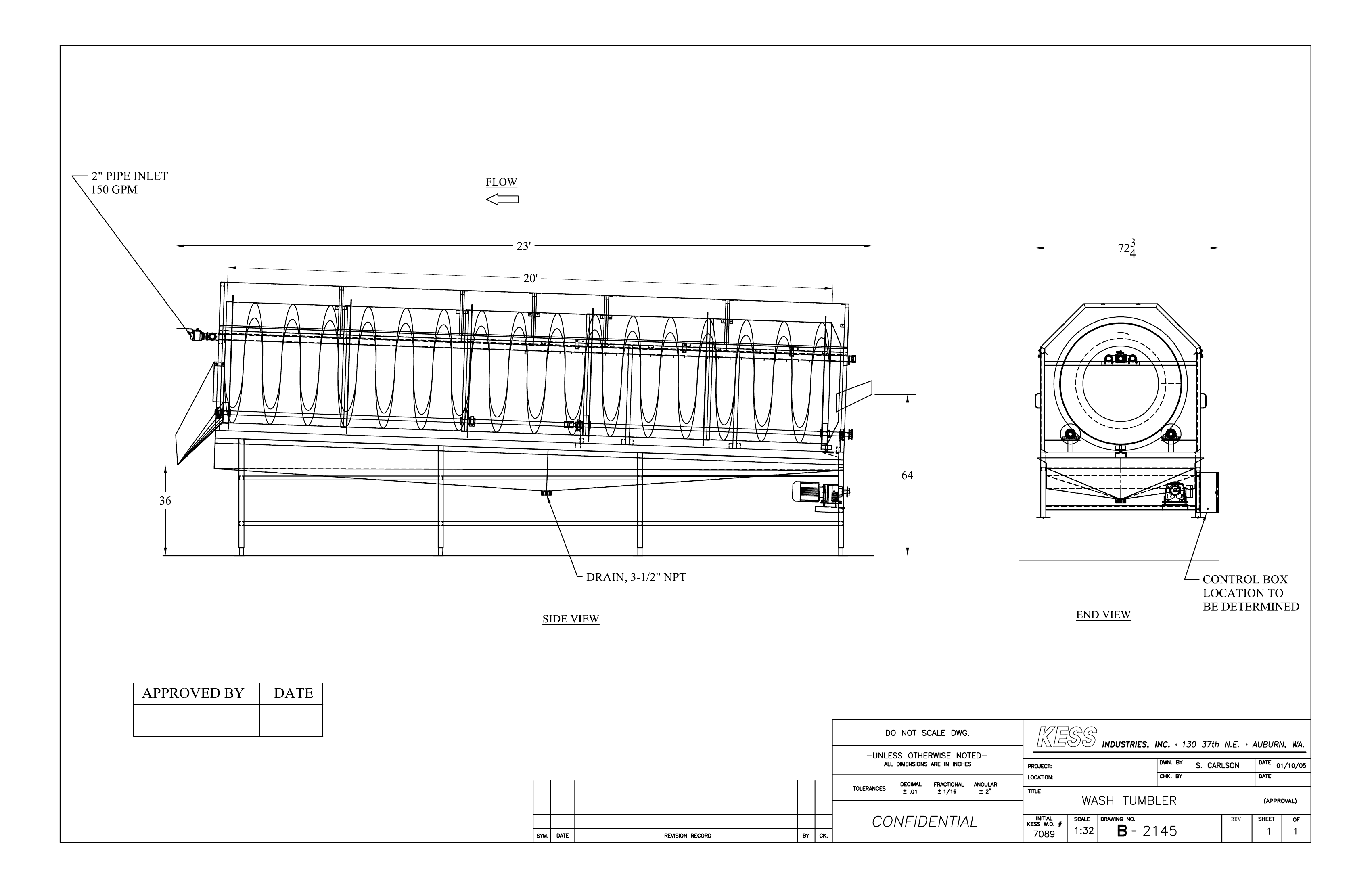 KESS Wash Tumbler drawing B-2145, with side and end views and dimensions